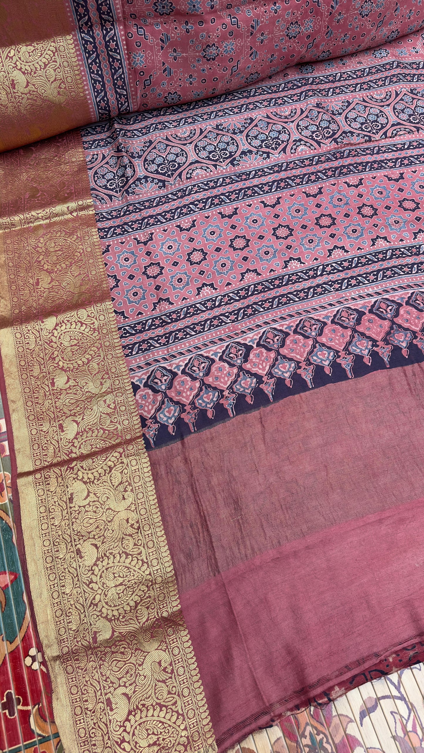 Hand block printed Ajrakh on chiniya silk