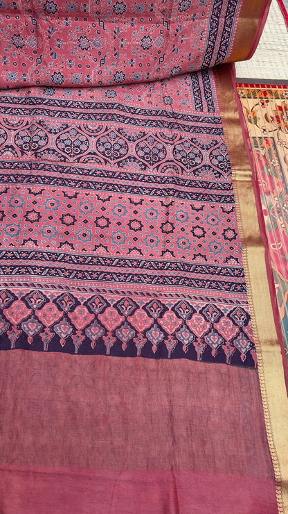 Hand block printed Ajrakh on chiniya silk