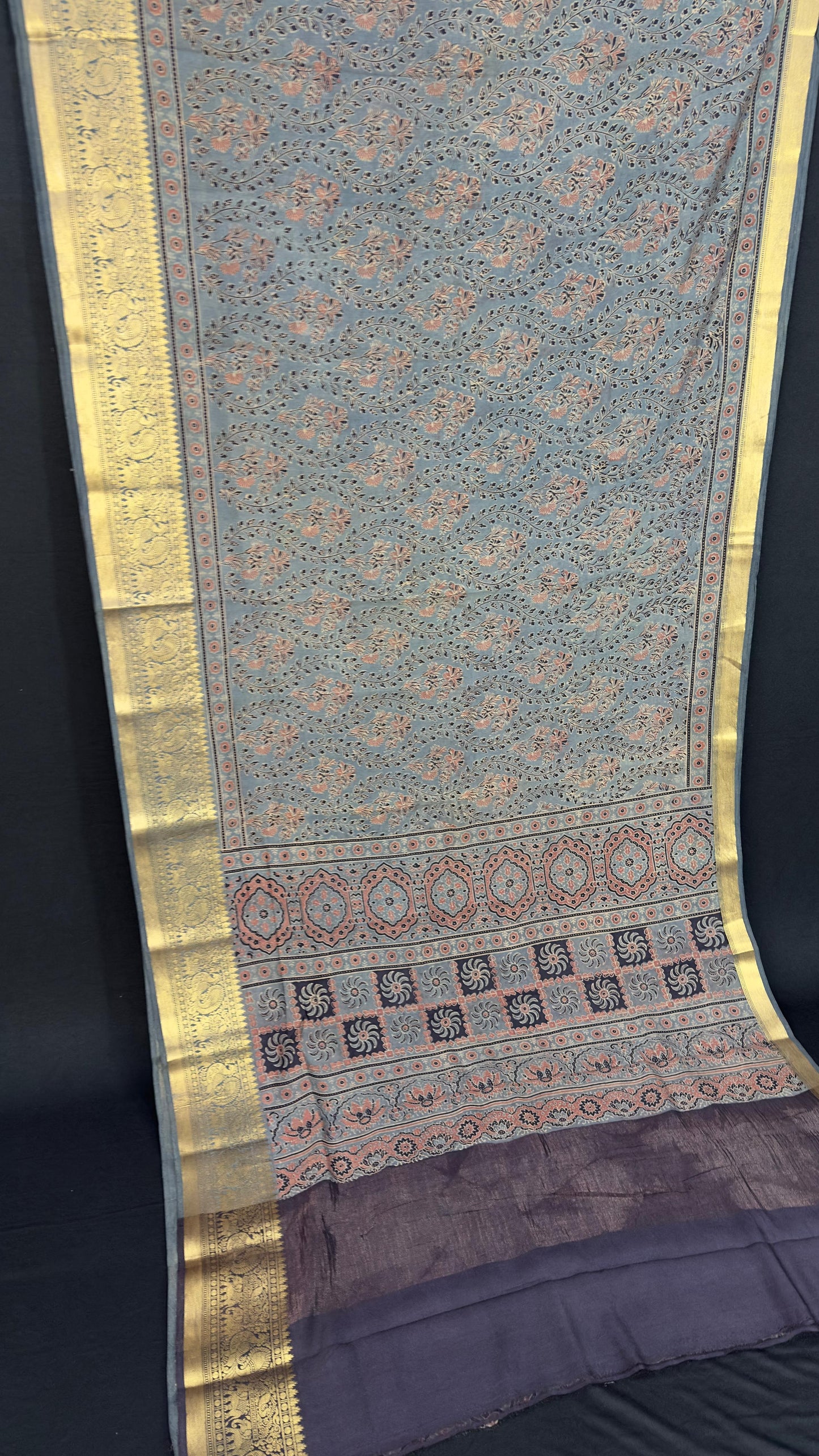 Hand block printed Ajrakh on chiniya silk