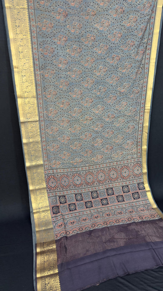 Hand block printed Ajrakh on chiniya silk
