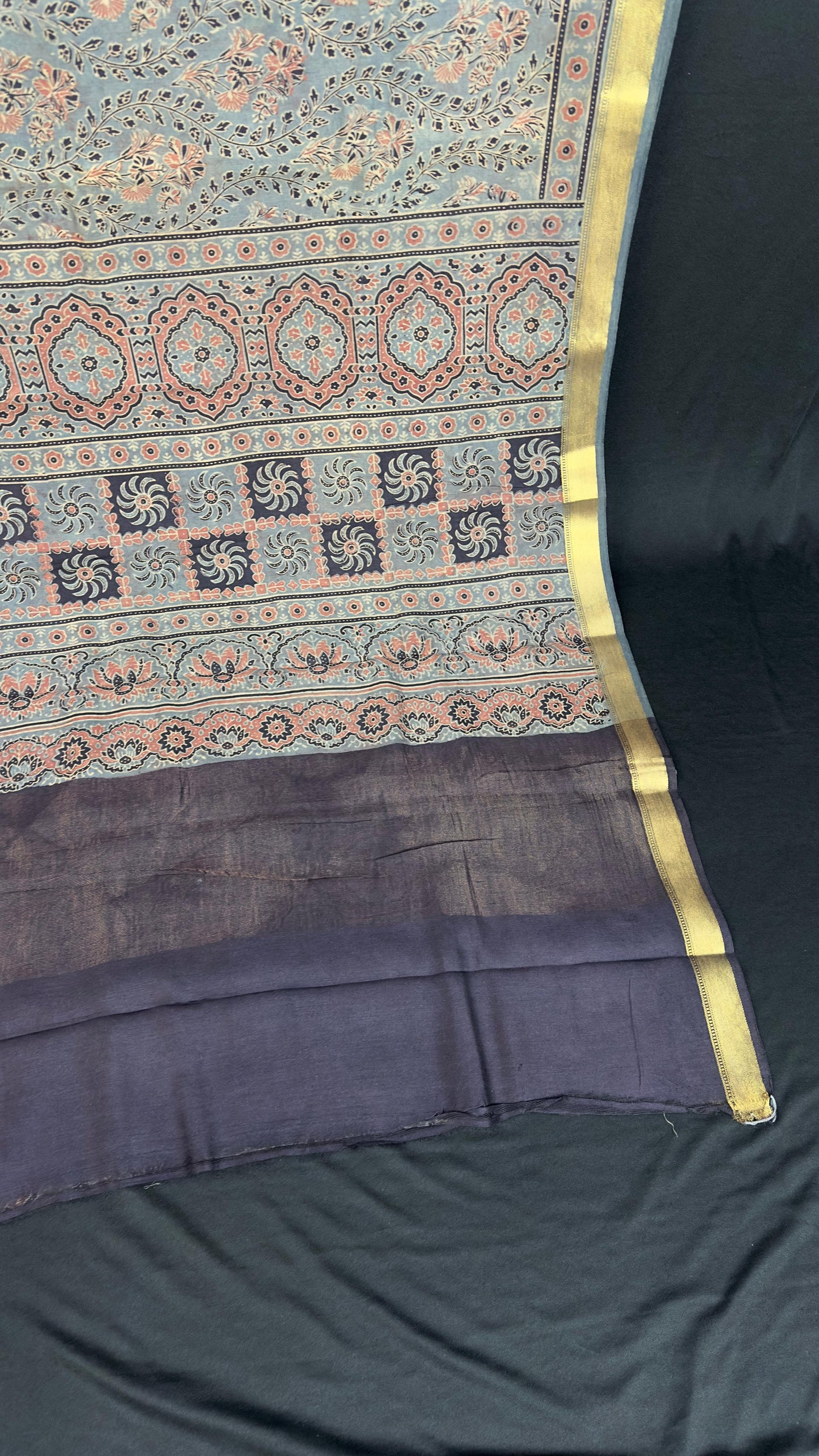 Hand block printed Ajrakh on chiniya silk