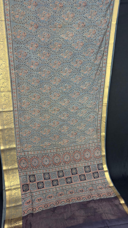 Hand block printed Ajrakh on chiniya silk