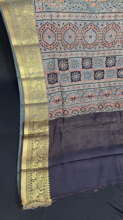 Hand block printed Ajrakh on chiniya silk