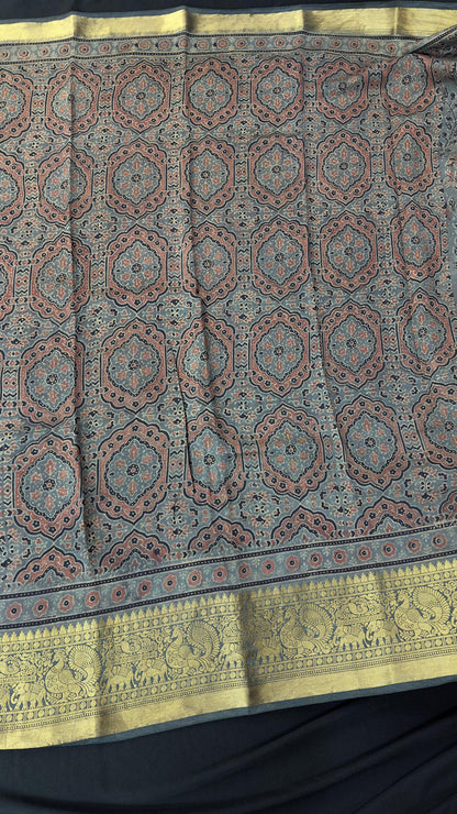 Hand block printed Ajrakh on chiniya silk