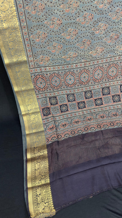 Hand block printed Ajrakh on chiniya silk