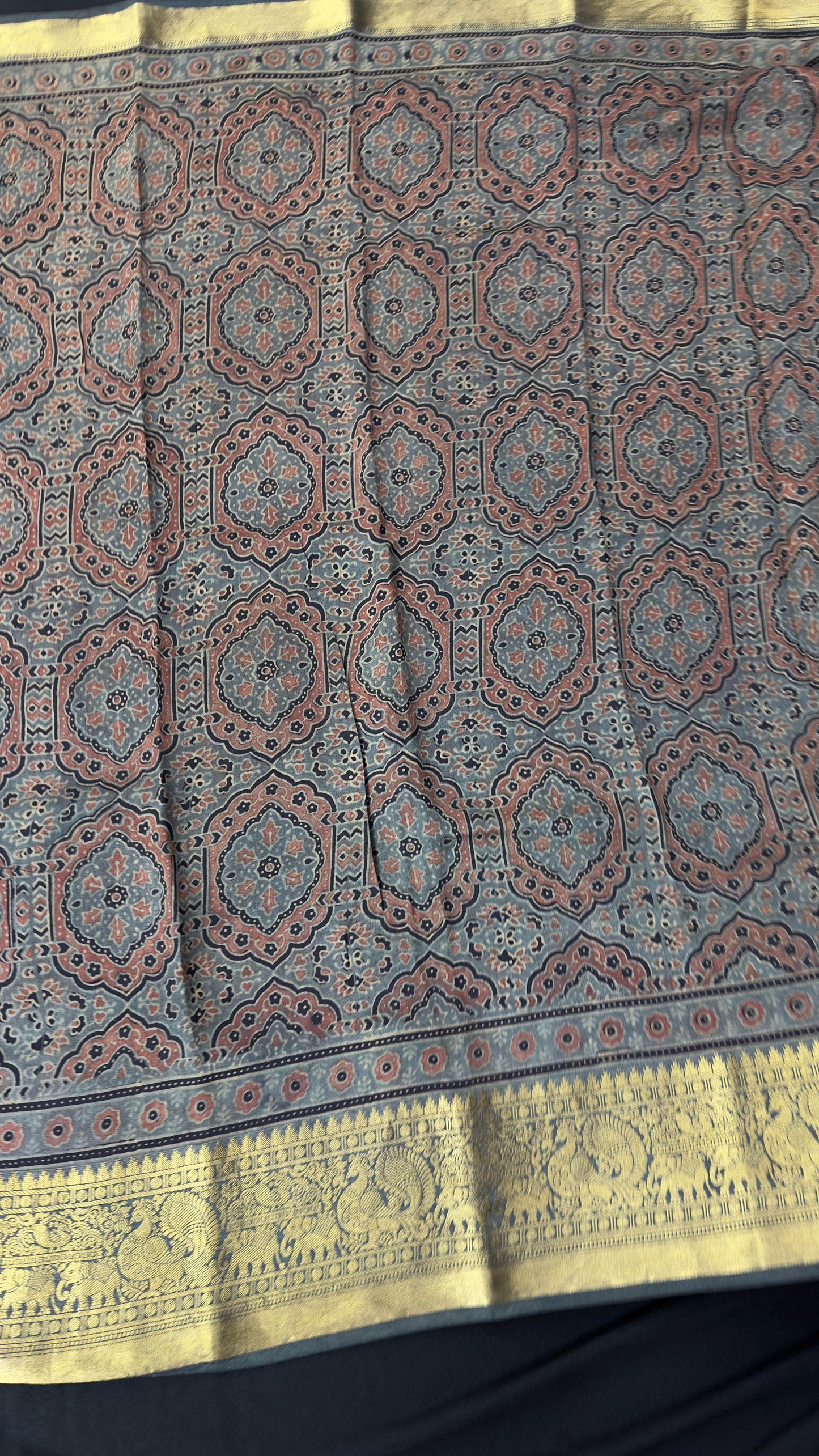 Hand block printed Ajrakh on chiniya silk