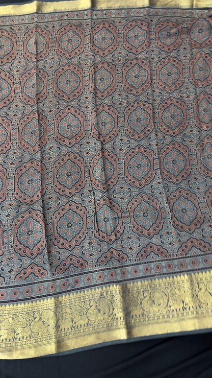 Hand block printed Ajrakh on chiniya silk