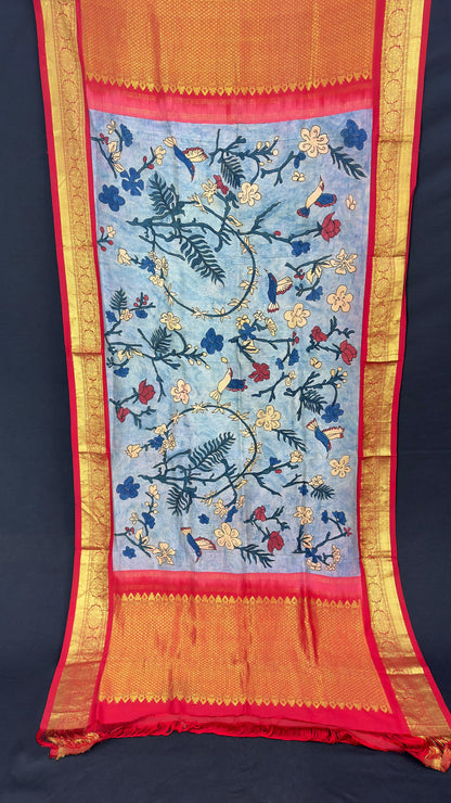 Penkalamkari Dupattas on Pure Silk Kanjeevaram