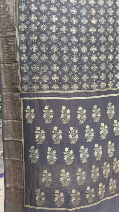Hand block printed Ajrakh on chiniya silk