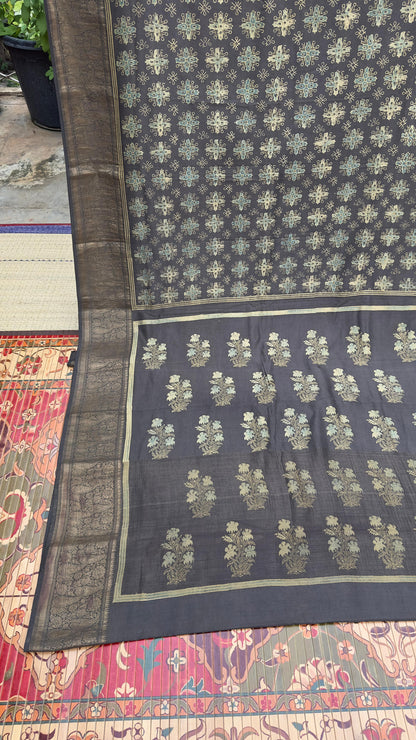 Hand block printed Ajrakh on chiniya silk