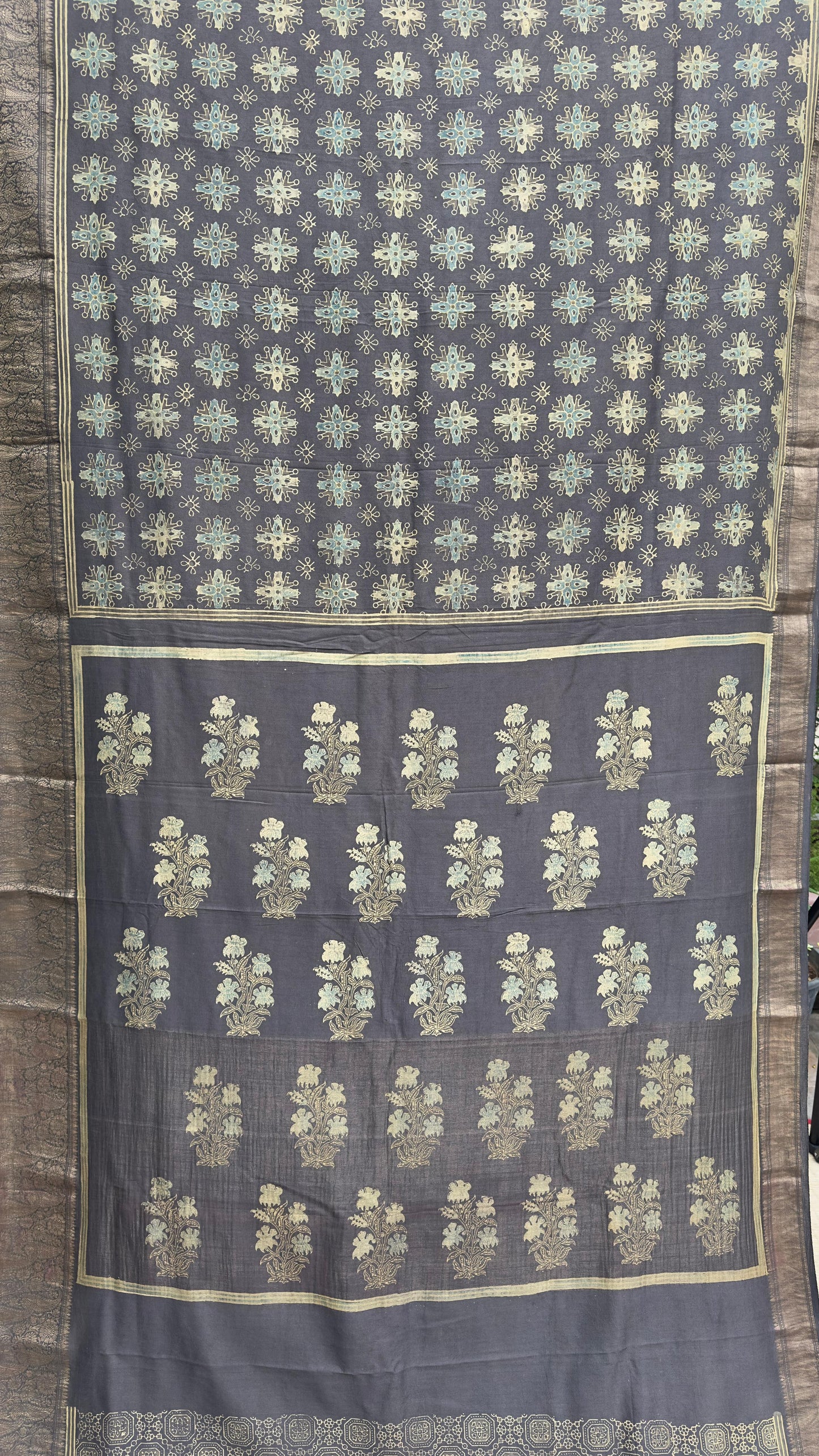 Hand block printed Ajrakh on chiniya silk