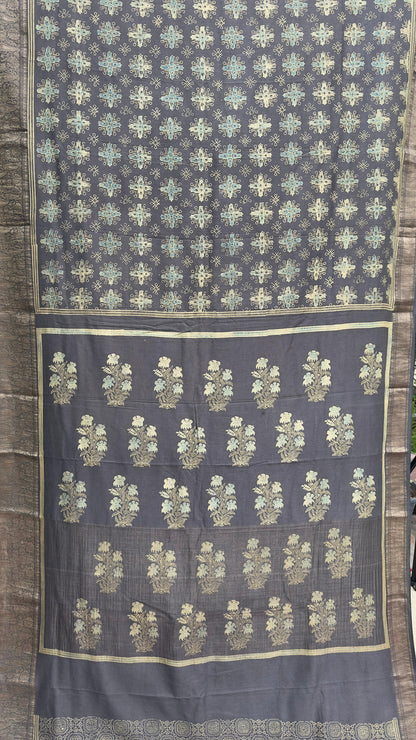 Hand block printed Ajrakh on chiniya silk