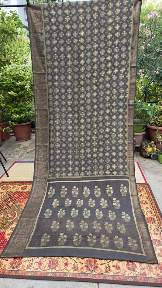Hand block printed Ajrakh on chiniya silk