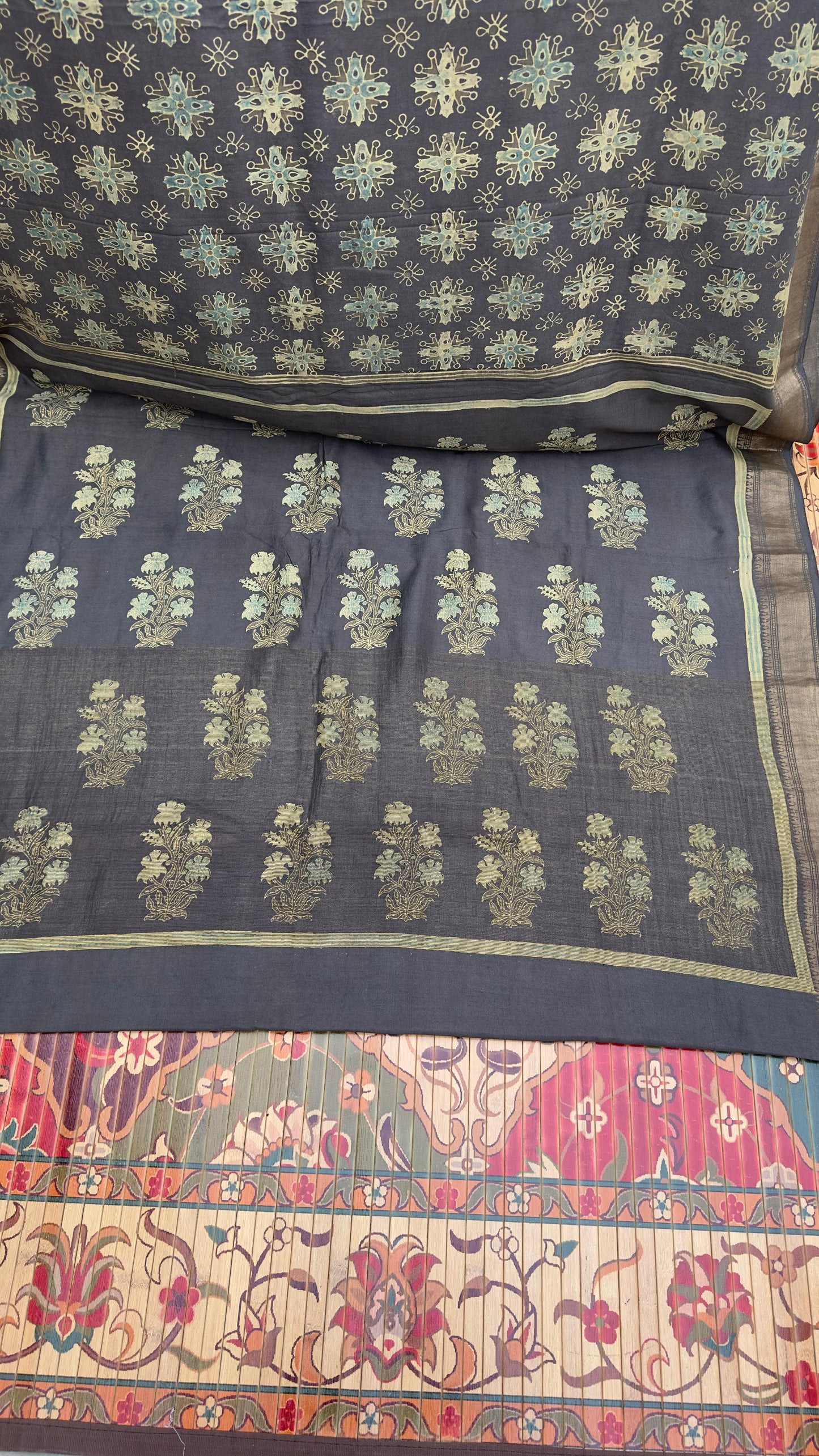 Hand block printed Ajrakh on chiniya silk