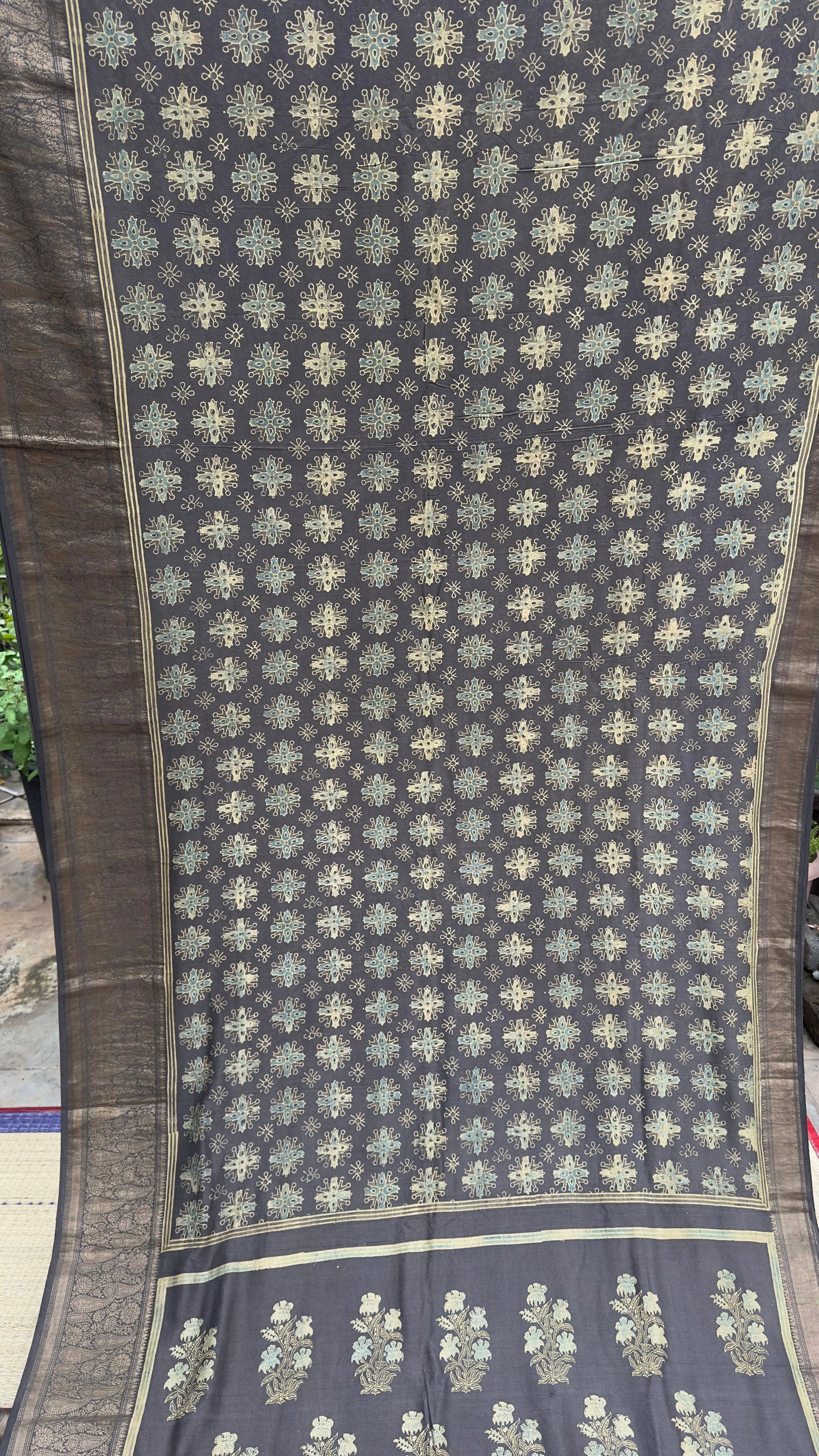 Hand block printed Ajrakh on chiniya silk