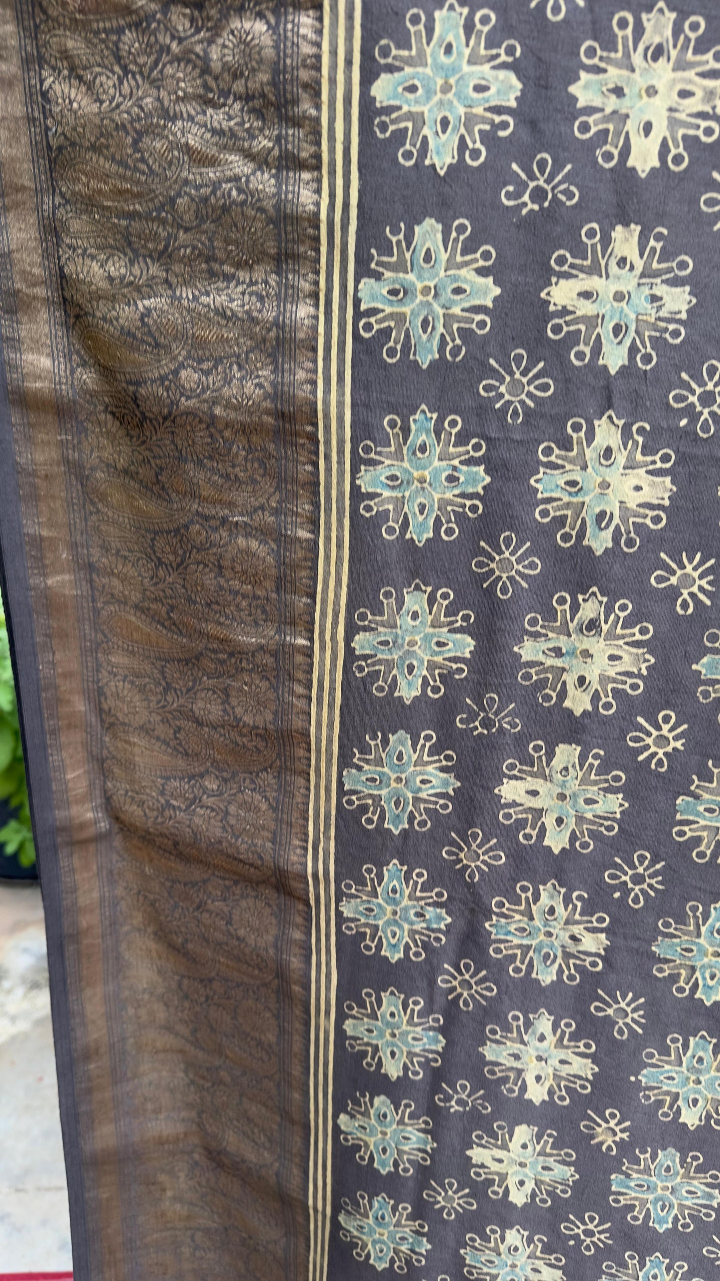 Hand block printed Ajrakh on chiniya silk