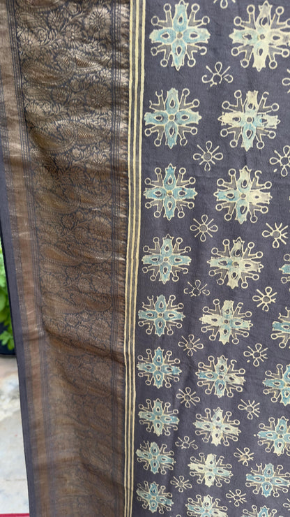 Hand block printed Ajrakh on chiniya silk