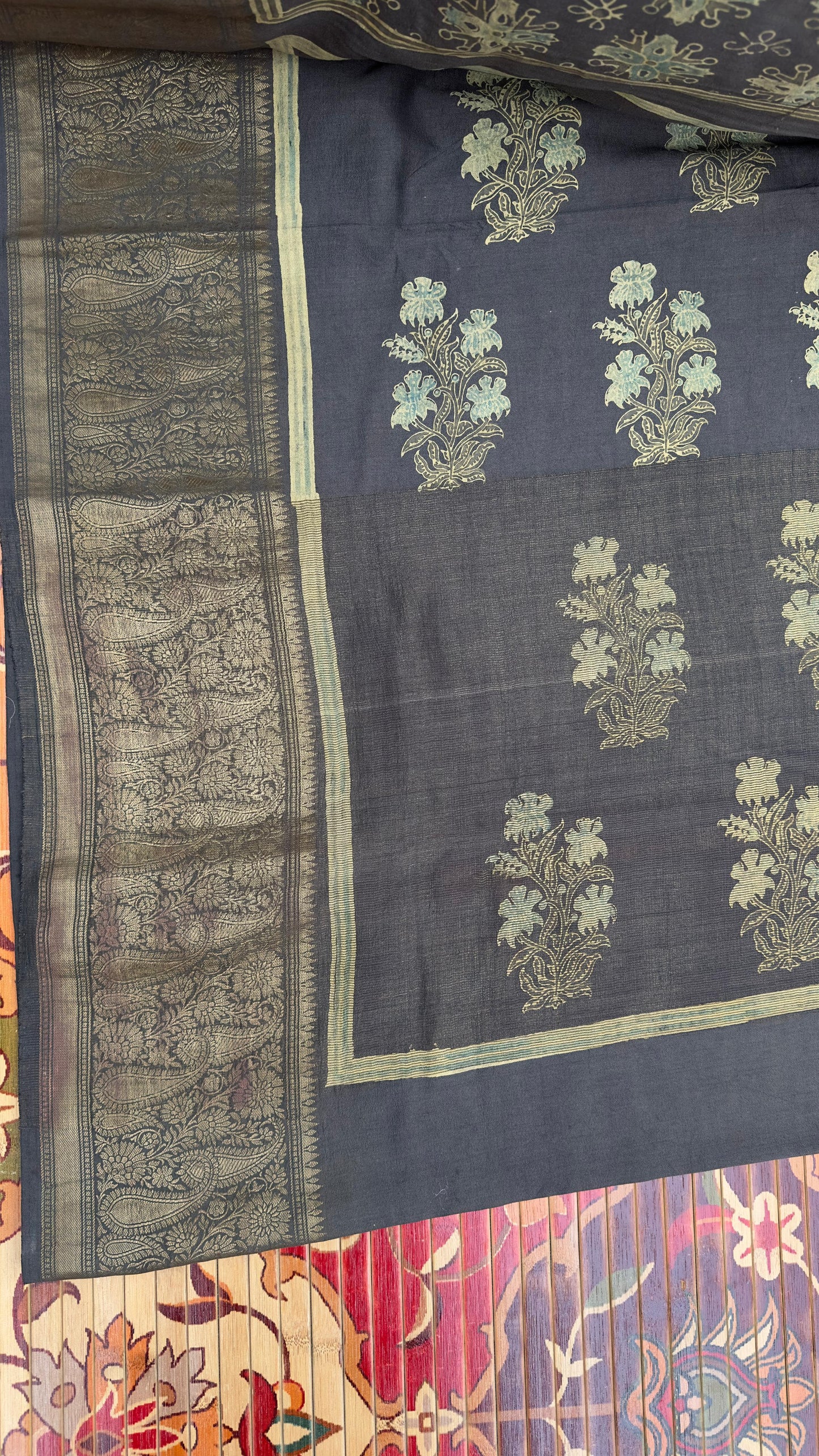 Hand block printed Ajrakh on chiniya silk