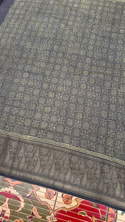 Hand block printed Ajrakh on chiniya silk