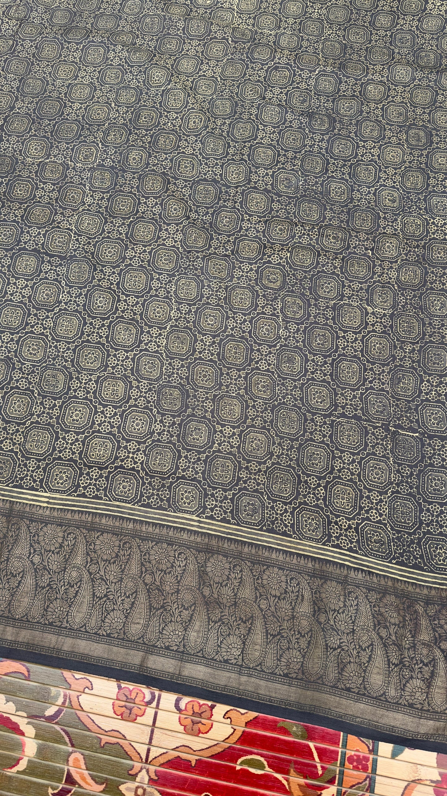 Hand block printed Ajrakh on chiniya silk