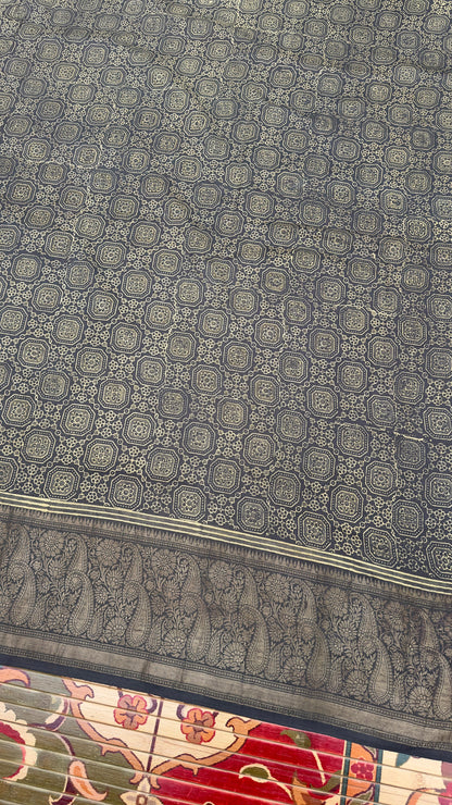 Hand block printed Ajrakh on chiniya silk