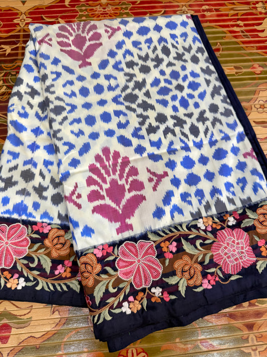 Pure silk handwoven ikkat with machine embroidery
