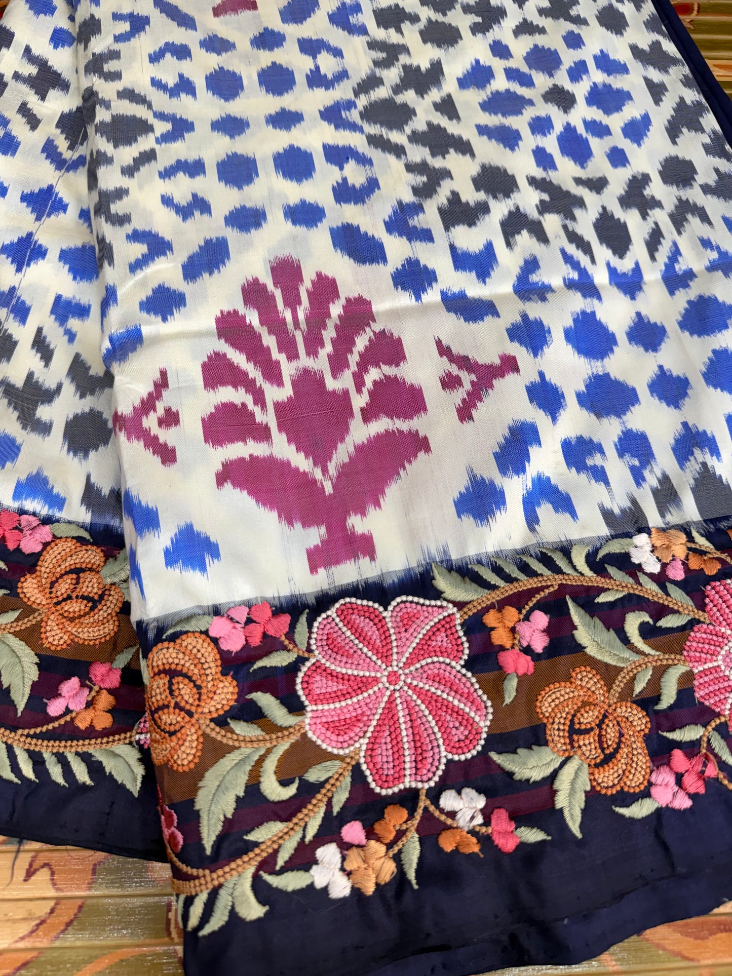 Pure silk handwoven ikkat with machine embroidery