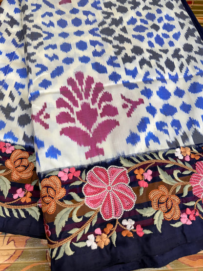 Pure silk handwoven ikkat with machine embroidery
