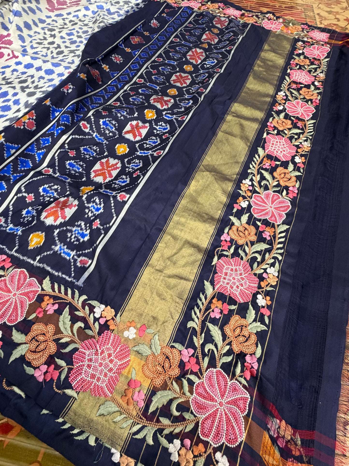 Pure silk handwoven ikkat with machine embroidery