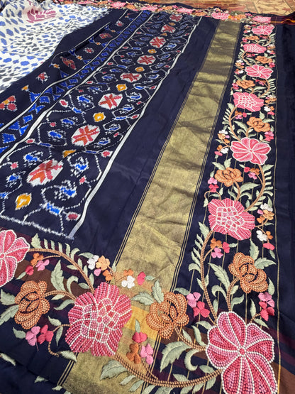 Pure silk handwoven ikkat with machine embroidery