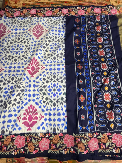 Pure silk handwoven ikkat with machine embroidery