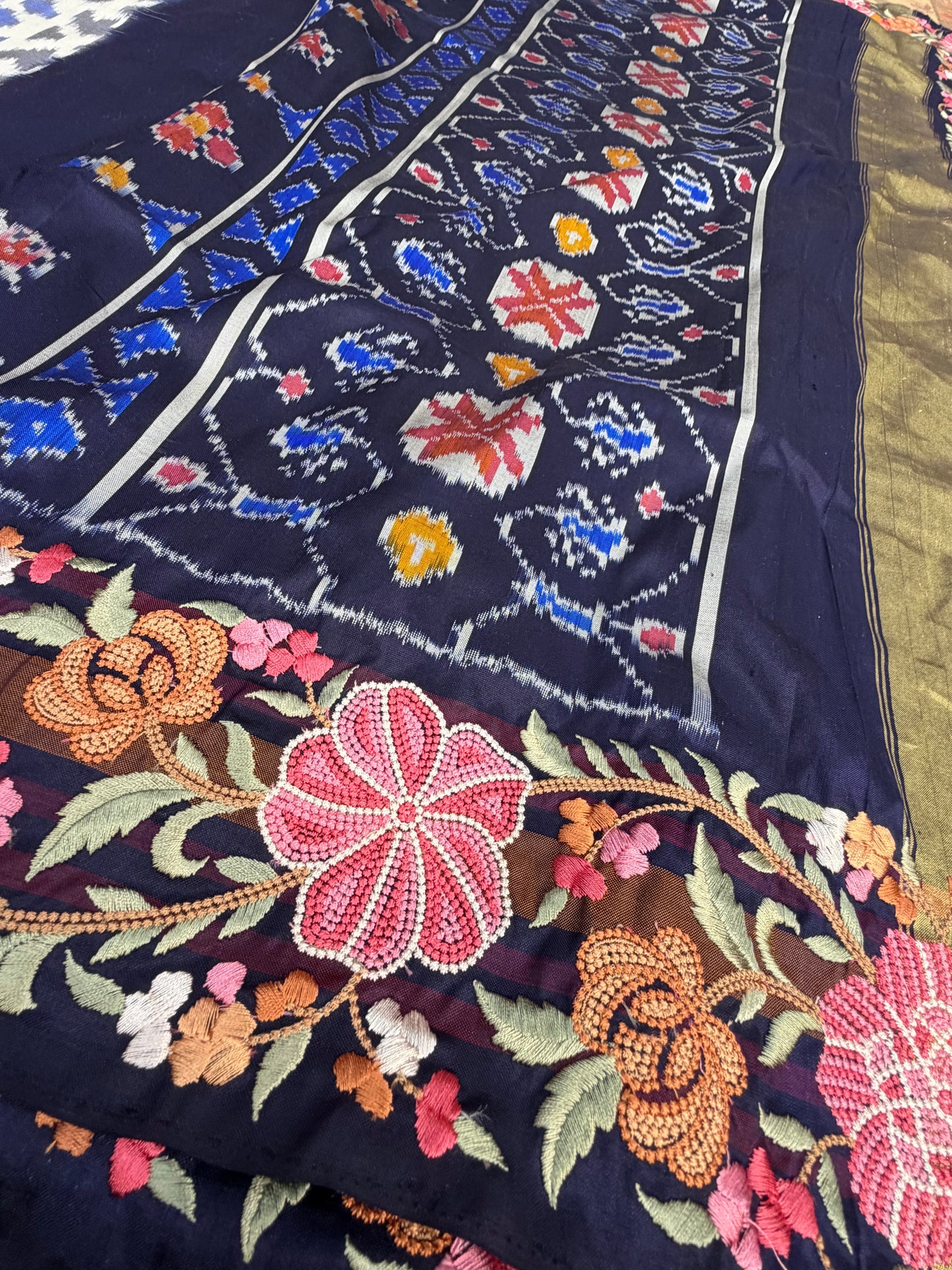 Pure silk handwoven ikkat with machine embroidery