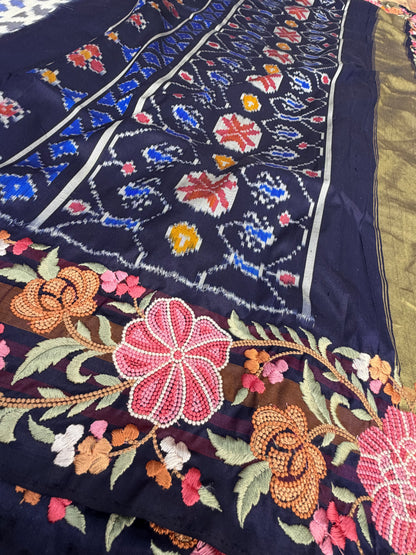 Pure silk handwoven ikkat with machine embroidery