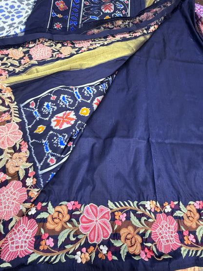 Pure silk handwoven ikkat with machine embroidery