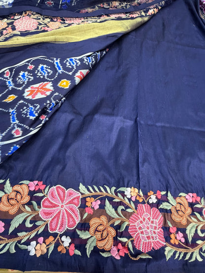 Pure silk handwoven ikkat with machine embroidery