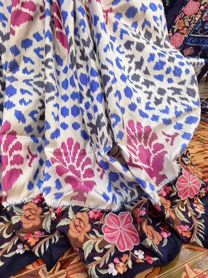 Pure silk handwoven ikkat with machine embroidery