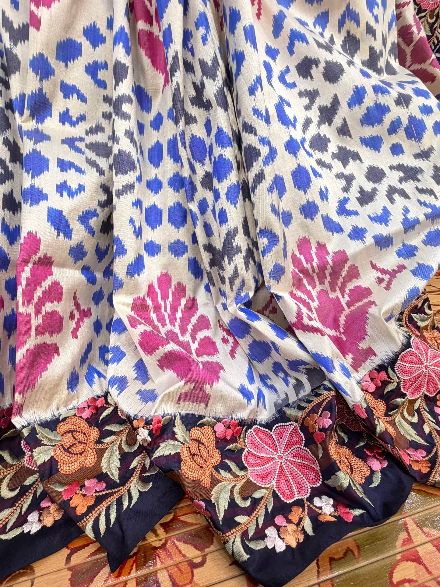 Pure silk handwoven ikkat with machine embroidery