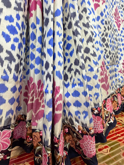 Pure silk handwoven ikkat with machine embroidery
