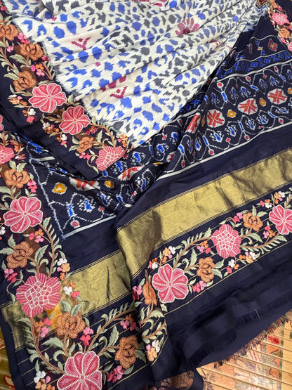 Pure silk handwoven ikkat with machine embroidery