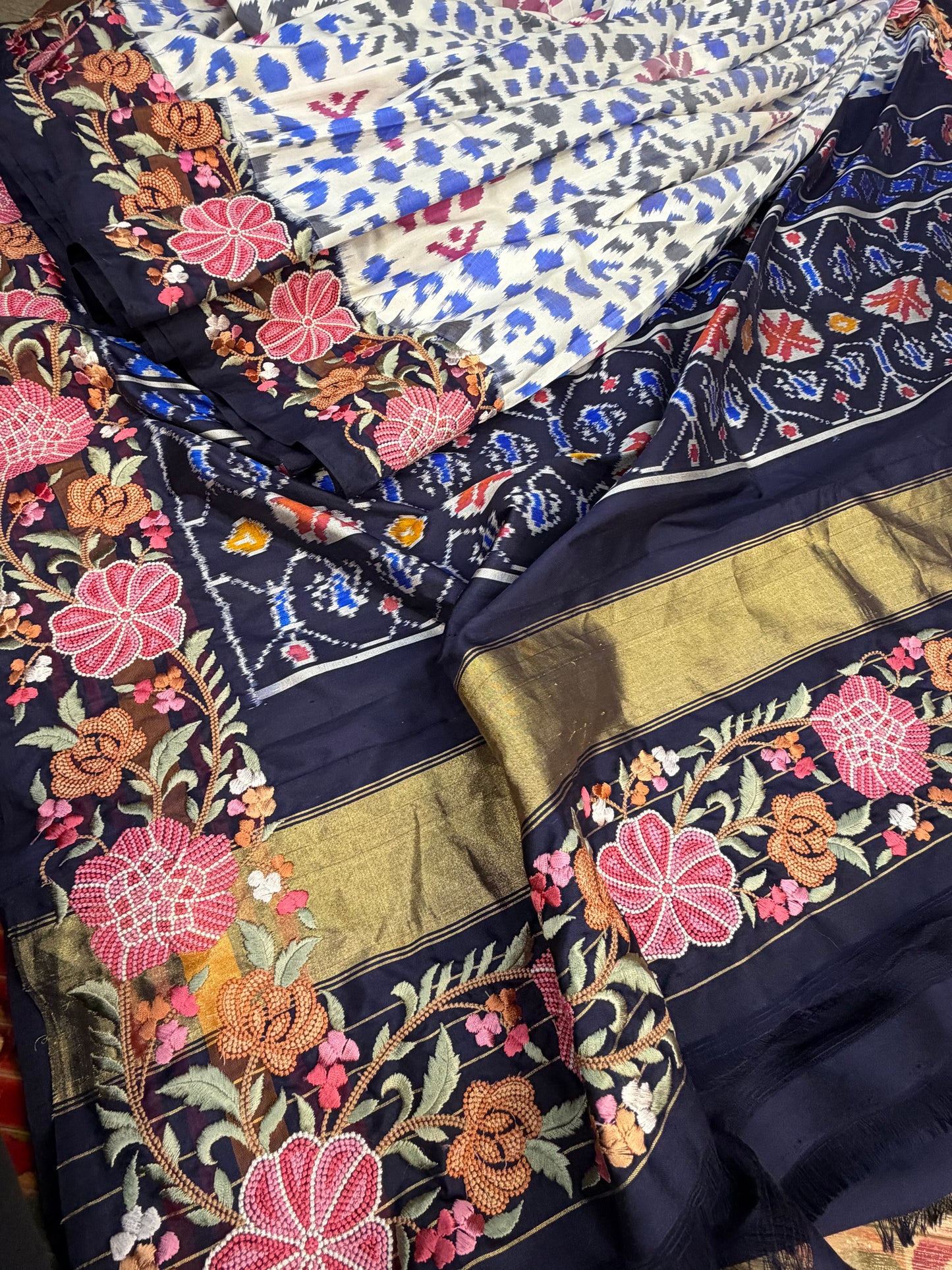 Pure silk handwoven ikkat with machine embroidery