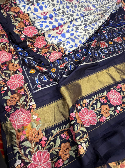 Pure silk handwoven ikkat with machine embroidery