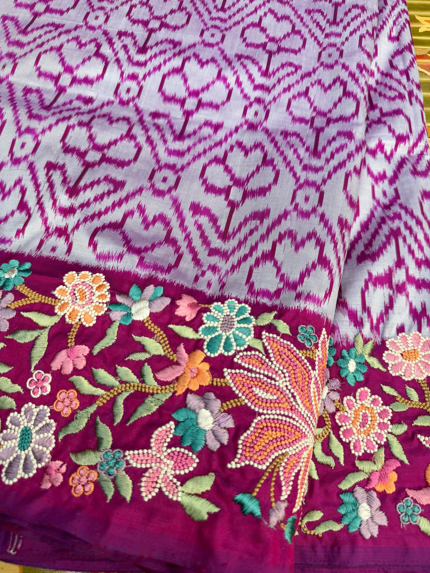Pure silk handwoven Ikkat with embroidery