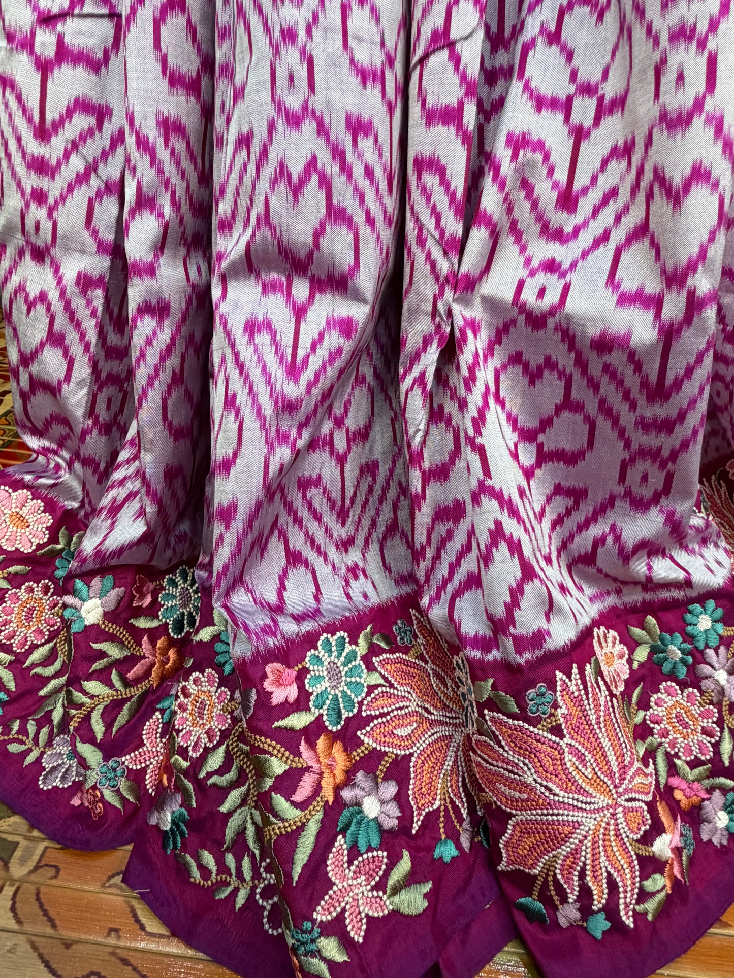Pure silk handwoven Ikkat with embroidery