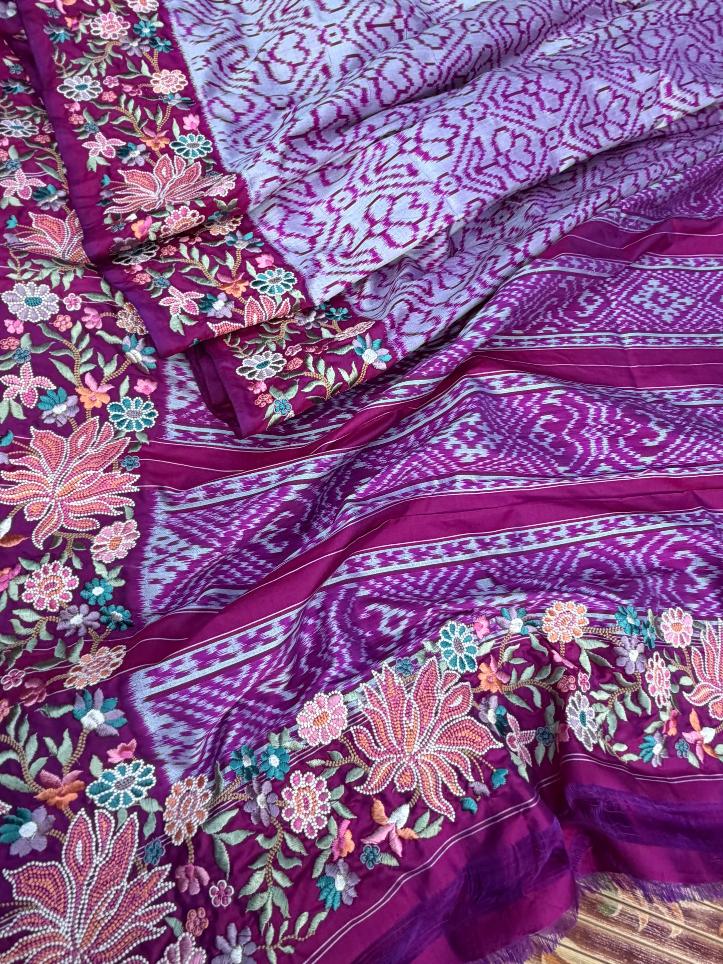 Pure silk handwoven Ikkat with embroidery