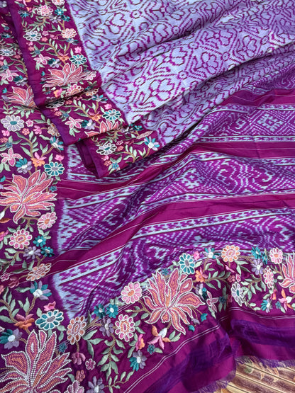 Pure silk handwoven Ikkat with embroidery