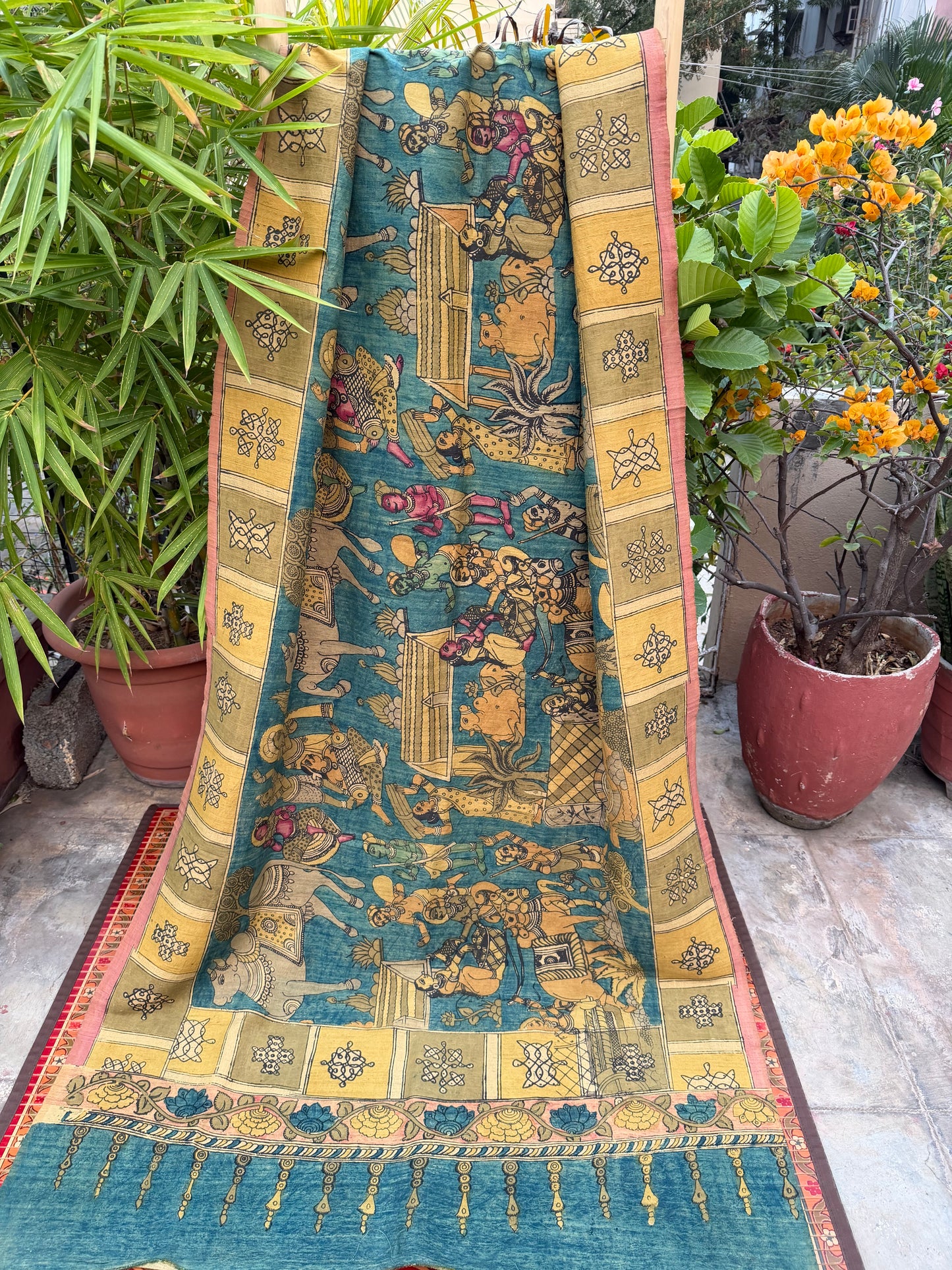 Raw silk penkalamkari dupatta