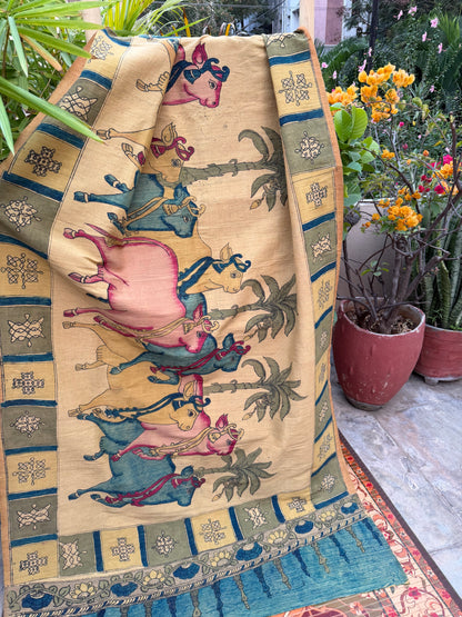 Raw silk penkalamkari dupatta