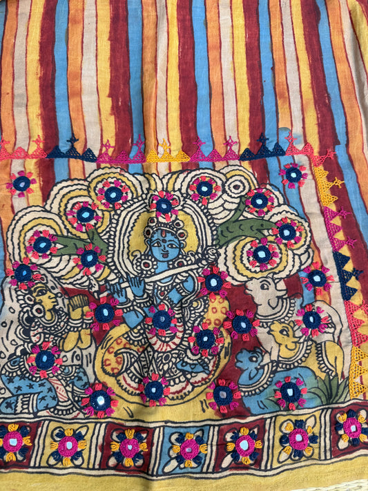 Penkalamkari modal silk with kutch work embroidery blouse material