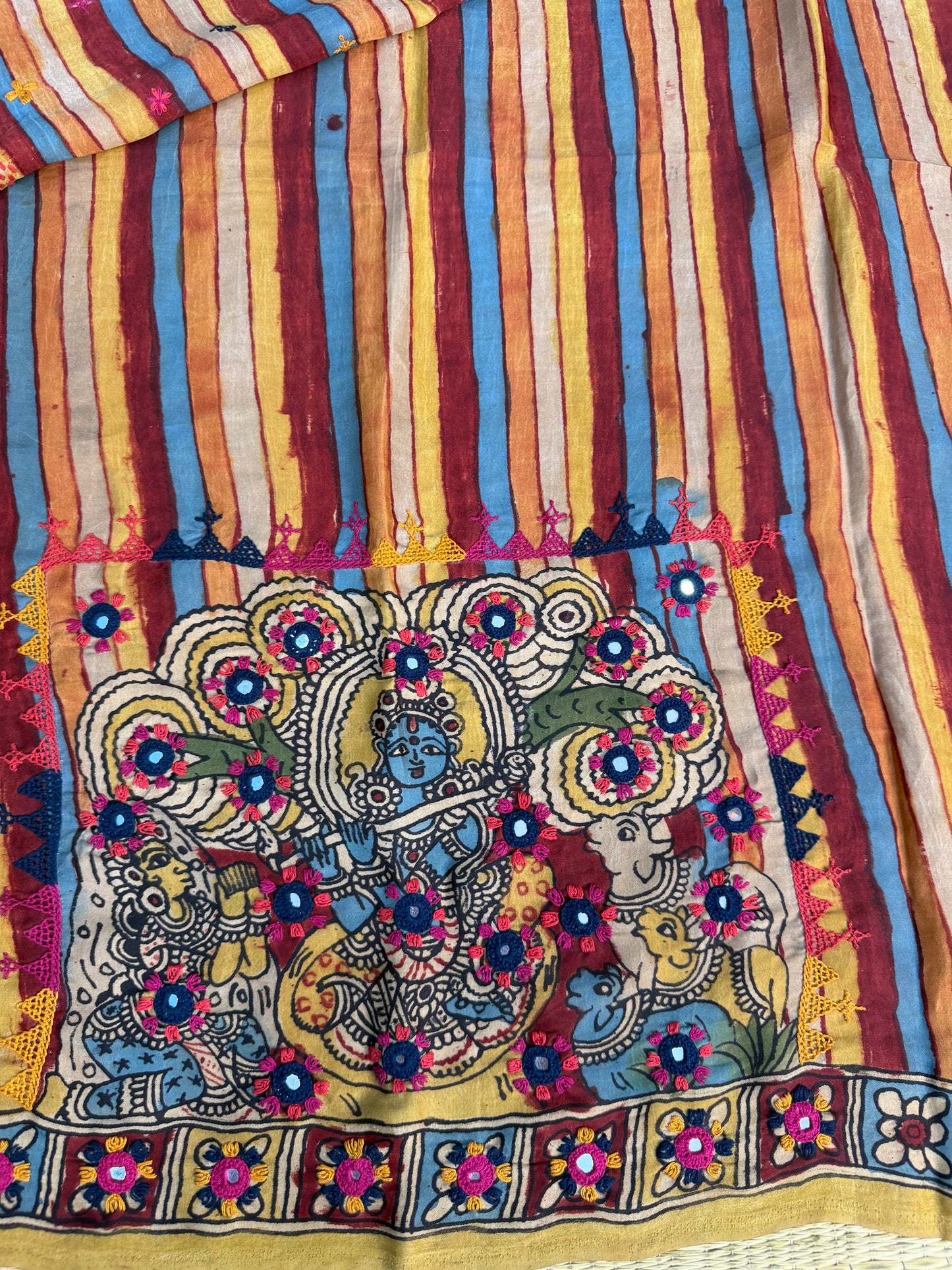 Penkalamkari modal silk with kutch work embroidery blouse material