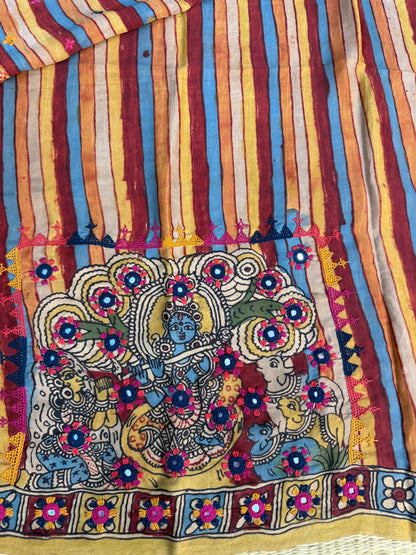 Penkalamkari modal silk with kutch work embroidery blouse material